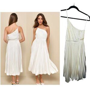 Lulus Alluring Marvel Ivory Pleated Ivory Satin One-Shoulder Midi Dress XS NWT